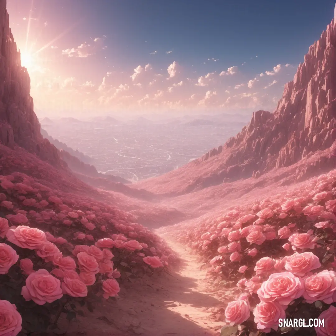 Painting of a path leading to a mountain with pink flowers on it and a sun shining over the mountains. Color RGB 255,167,162.