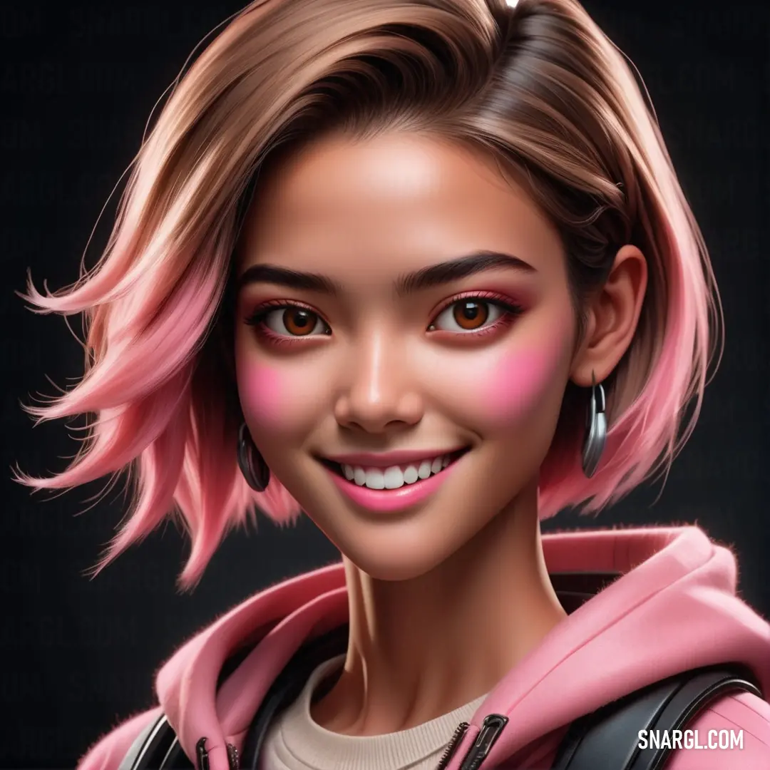 Digital painting of a woman with pink hair and a pink hoodie smiling at the camera with a black background. Example of RGB 255,172,183 color.