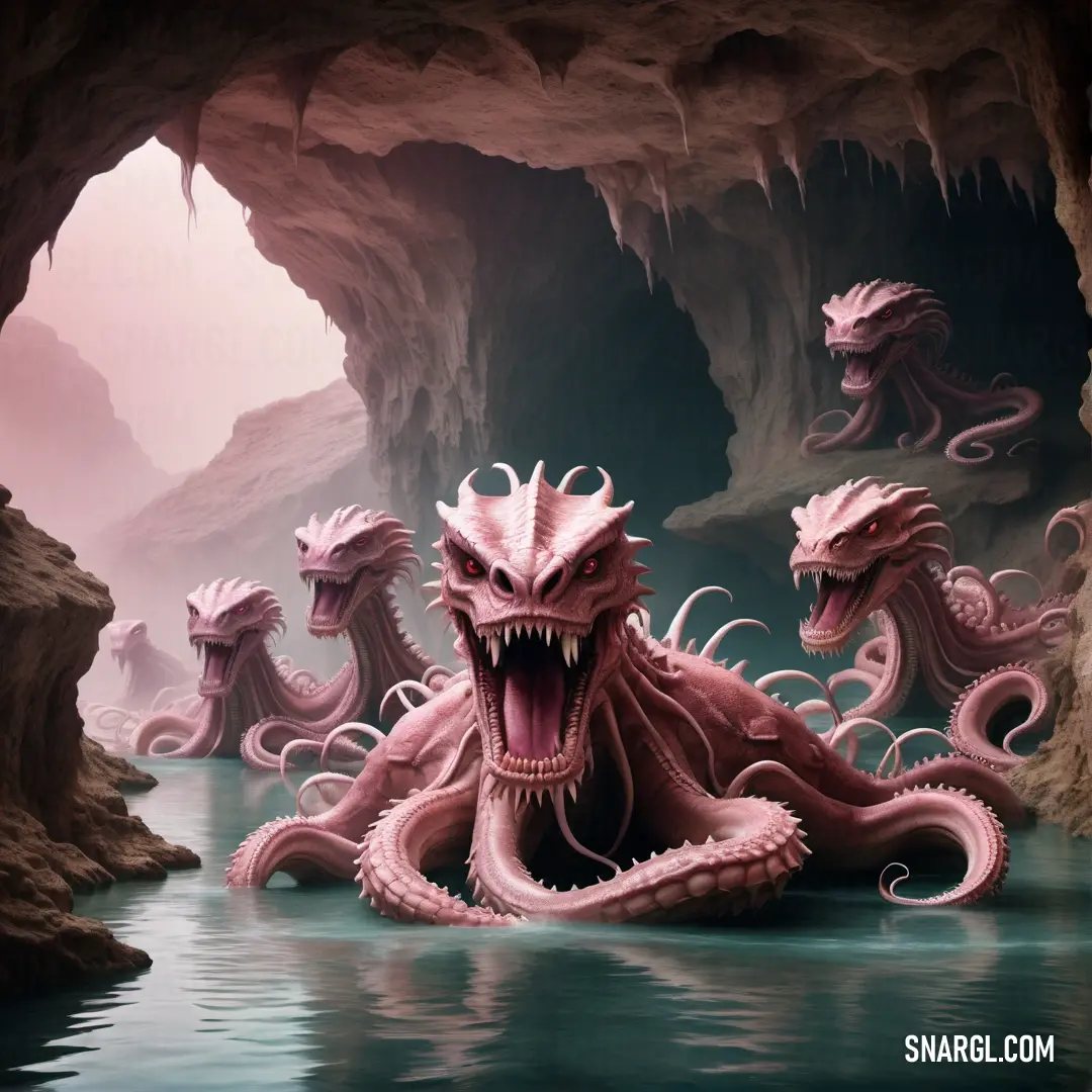 Group of strange looking animals in a cave with water and rocks in the background. Color NCS S 0540-R10B.