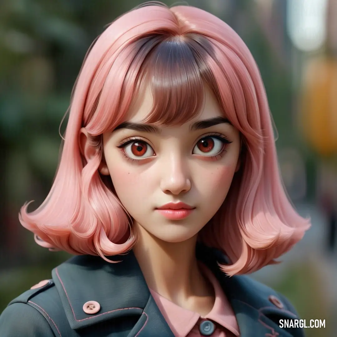 Close up of a doll with pink hair and a pink wig and a green jacket on a street. Example of RGB 255,172,183 color.