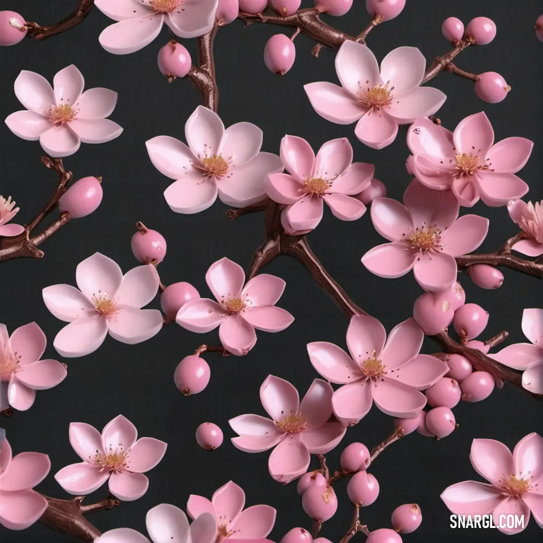 Bunch of pink flowers on a tree branch with black background. Example of #F8A8C4 color.