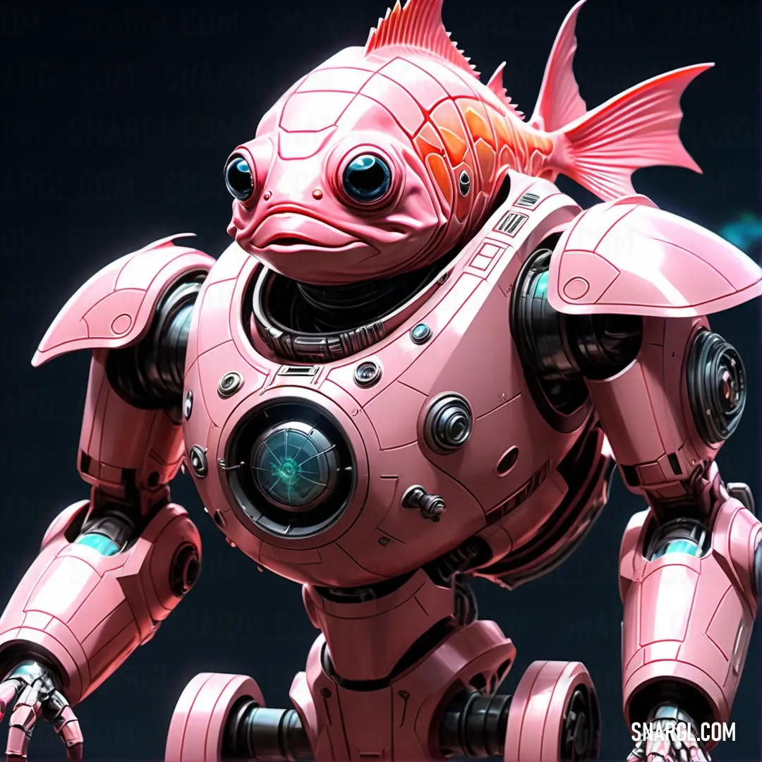 Pink robot with a fish on its back legs and a blue eye on its face and body. Example of #F8A8C4 color.