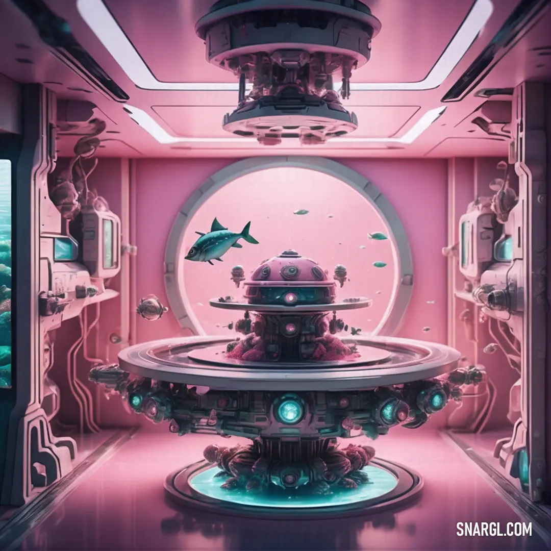 Futuristic room with a fish tank and a fish tank in the center of the room is a fish tank. Example of CMYK 0,42,2,0 color.