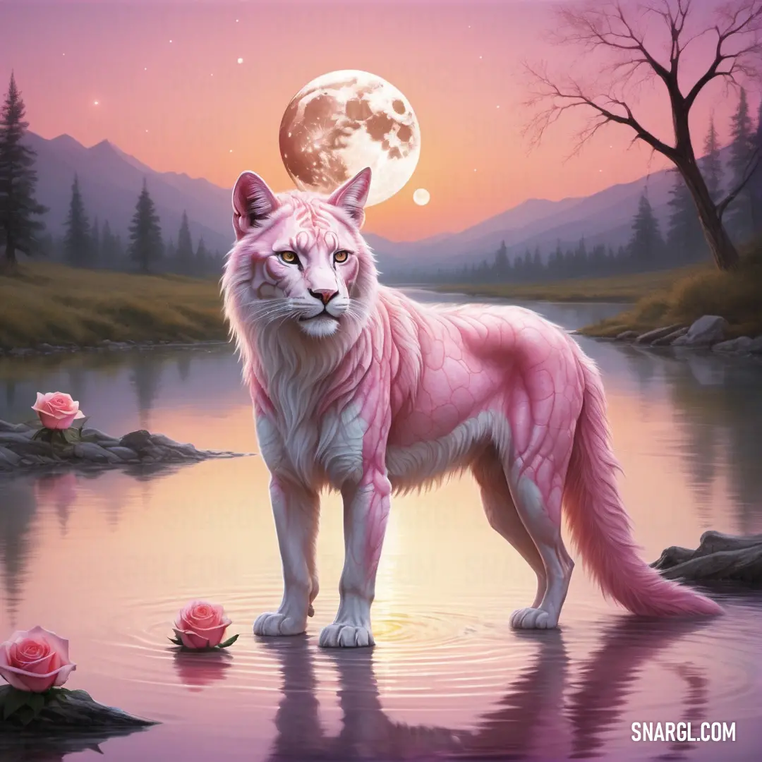 Pink cat standing in a lake with a full moon in the background. Example of NCS S 0540-R30B color.