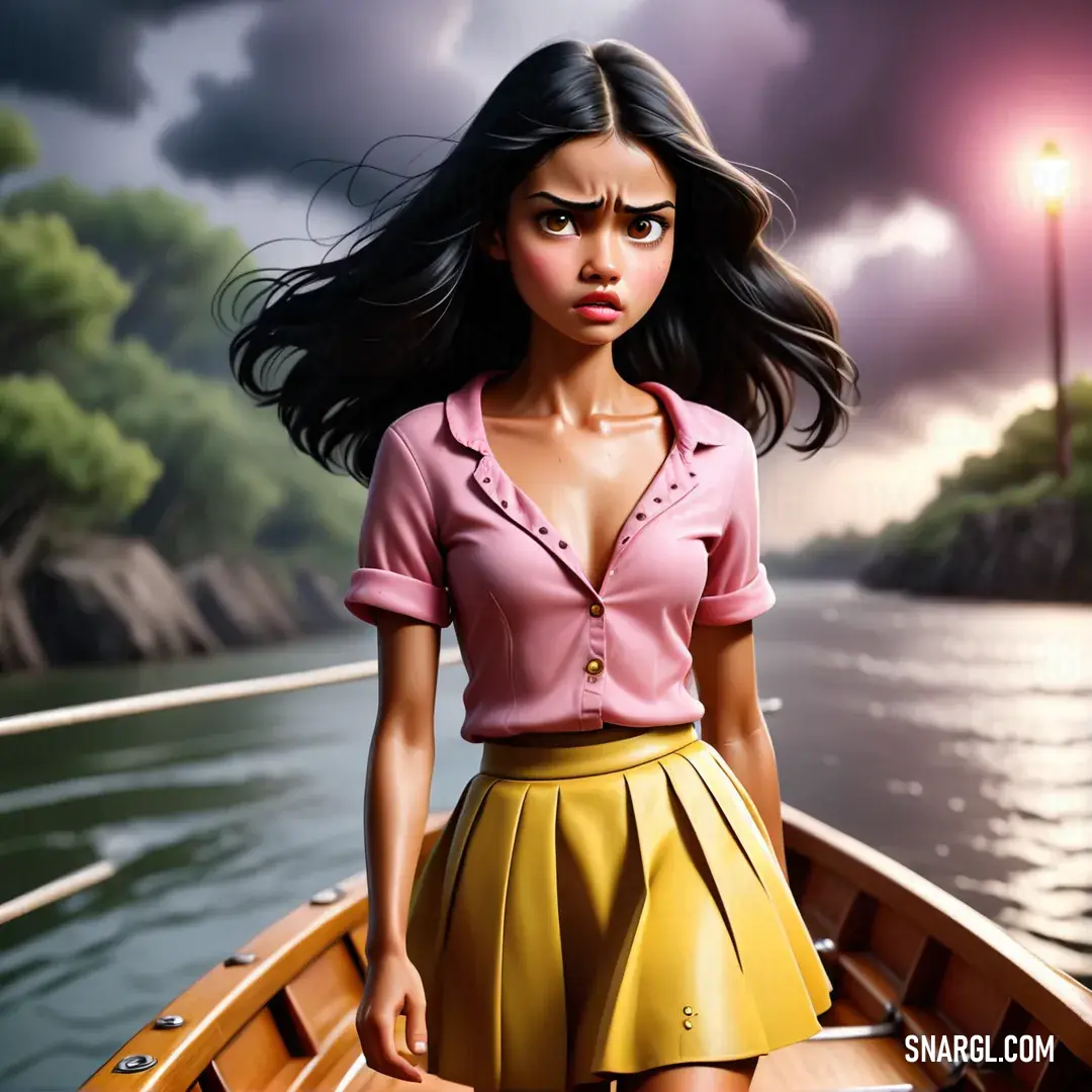 Woman in a pink shirt and yellow skirt is on a boat in the water with a light pole in the background. Example of NCS S 0540-R30B color.