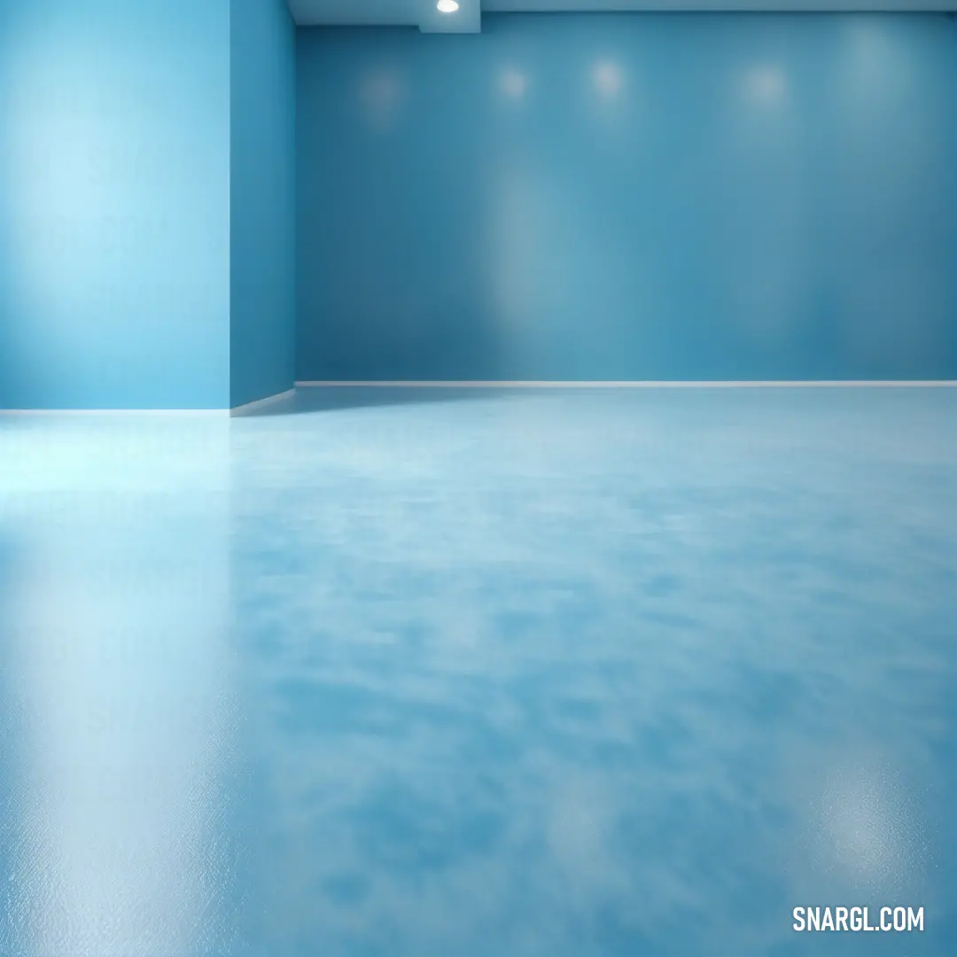 Room with a blue wall and a blue floor with lights on it and a blue wall with a white ceiling. Color #9ED4EB.
