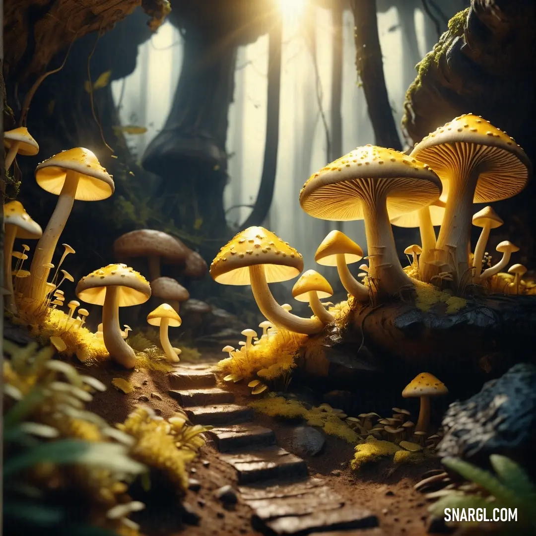 NCS S 0540-Y color. Group of mushrooms on a path in the woods with sunlight coming through the trees and leaves