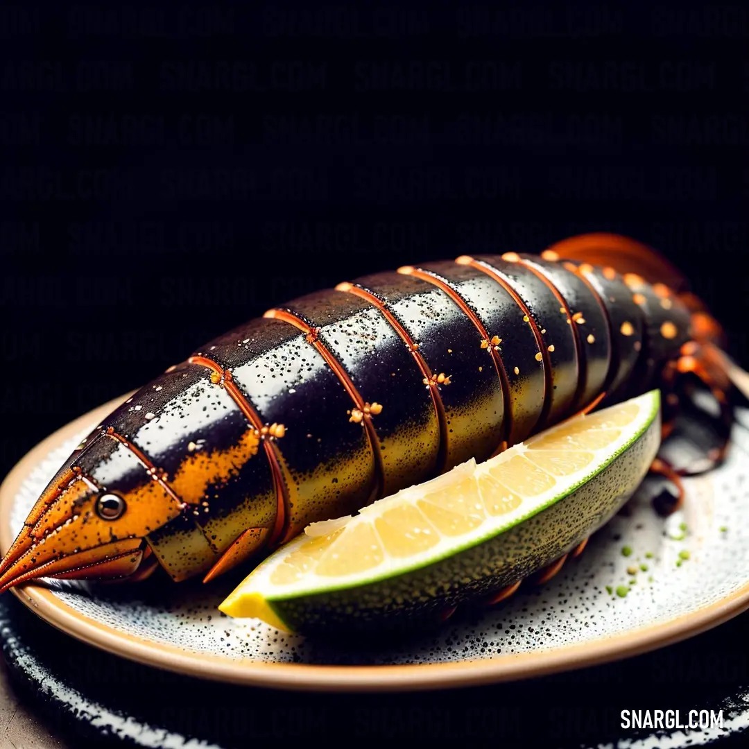 Lobster is on a plate with a lime slice and a knife on the side of it. Color NCS S 0540-Y.