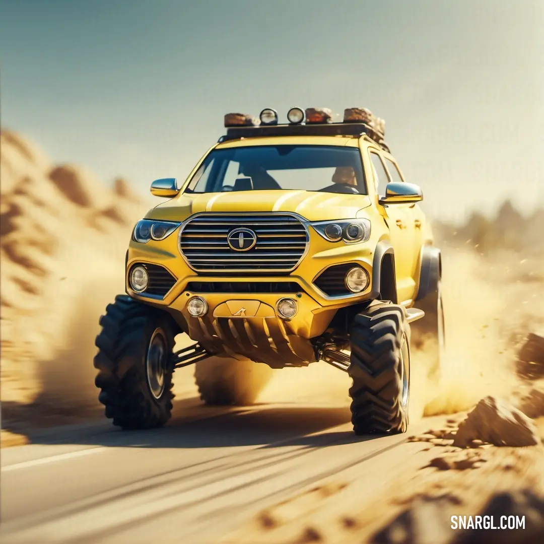 Yellow truck driving down a desert road with rocks and sand behind it and a sky background. Color #FEE66B.