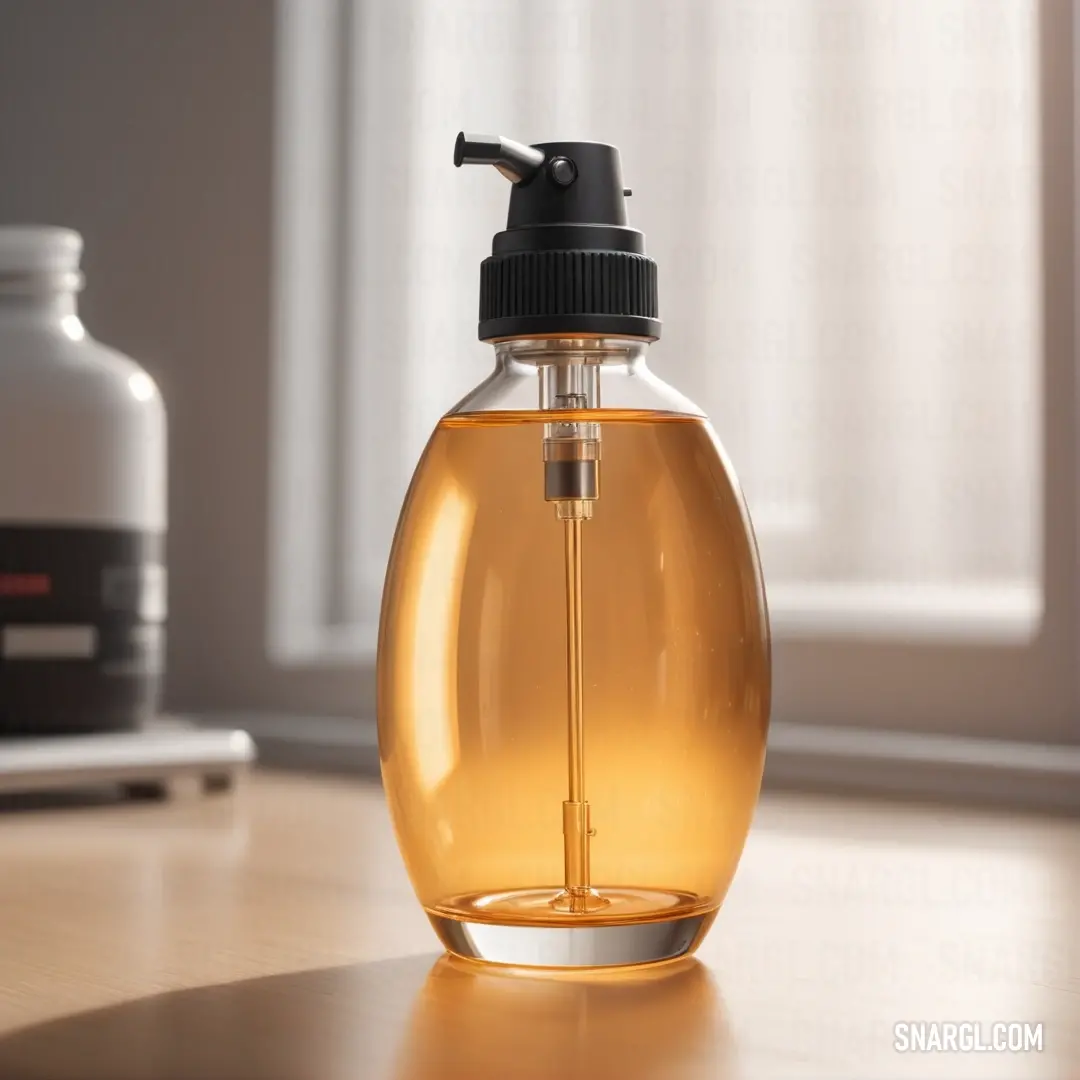 An elegantly designed bottle filled with a shimmering liquid, perched on a modern table next to a sunlit window, complete with a sleek black cap and sprayer, suggesting a sense of sophistication and cleanliness in a well-styled interior.