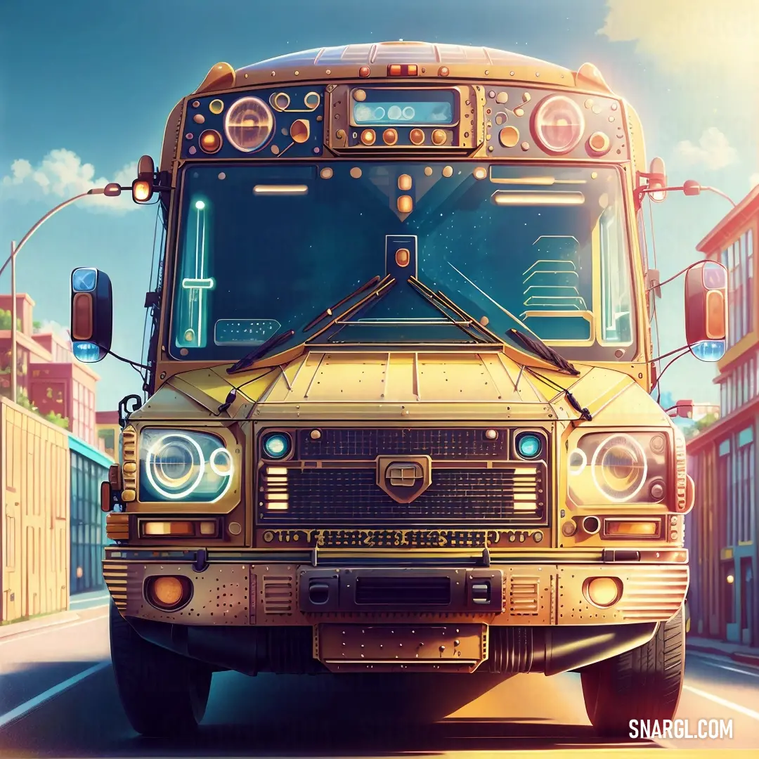 Bus is driving down the street in a cartoon style, with a sky background. Color CMYK 0,13,63,0.