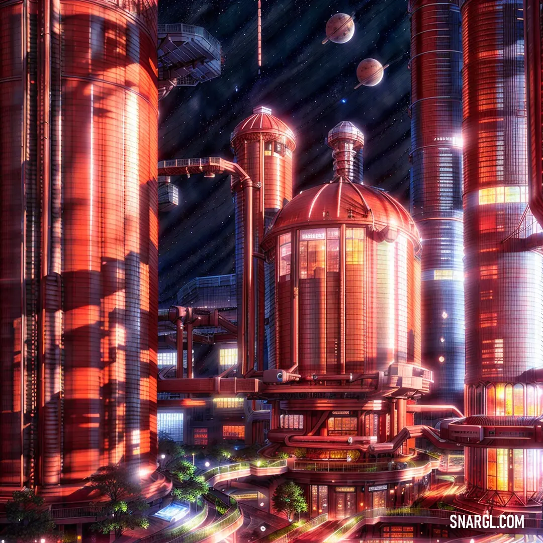 A panoramic view of a futuristic city bathed in the warm glow of bright red buildings, all adorned with glowing lights. The scene is full of energy, showcasing an advanced metropolis where technology and architecture blend seamlessly.