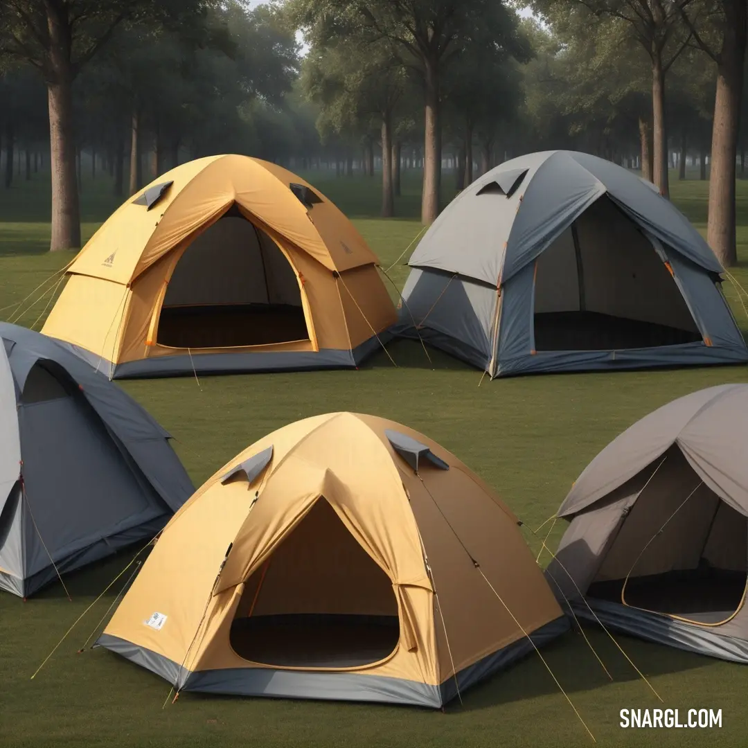 An inviting scene of vibrant tents pitched on a lush green field, framed by towering trees and a serene forest backdrop, embodying the essence of outdoor adventures and the joy of camping amidst nature's beauty.