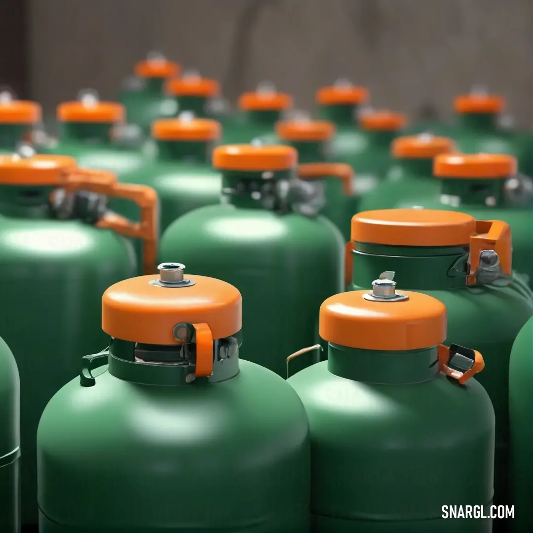 A diverse collection of gas tanks in shades of green and orange, each topped with vibrant orange caps, arranged against a sleek black background, embodying the dynamic color of #FFDC7A.