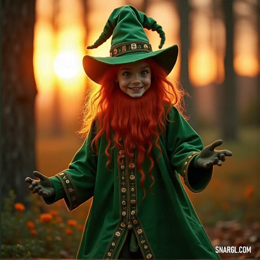 A delightful little girl, adorned in a whimsical green costume and hat, radiates joy with her striking red beard and flowing hair. She embodies the spirit of creativity and imagination in a colorful, playful setting.