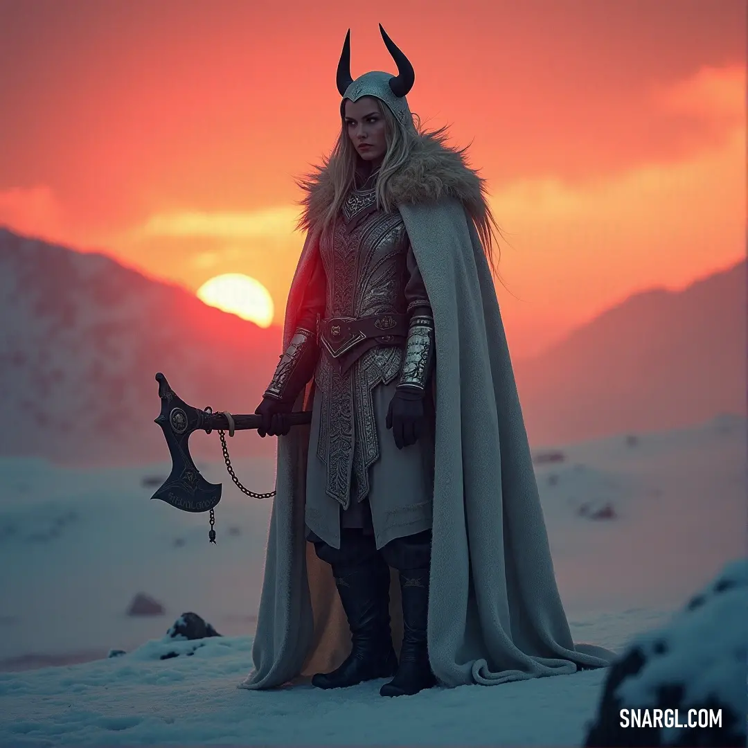 A man in a whimsical costume poses against a stunning sunset backdrop, holding a large hammer, while snow blankets the ground thoughtfully highlighting the enchanting mountain silhouette.