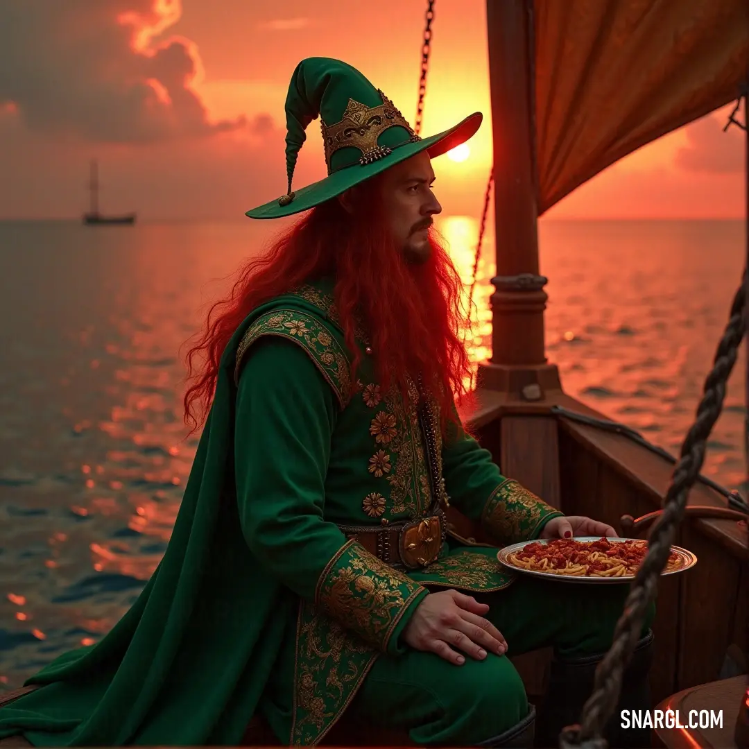 On a tranquil boat ride, a man in a green outfit joyfully holds a vibrant plate of food, surrounded by water's serene beauty. His smile radiates warmth amidst a backdrop of nature's splendor.