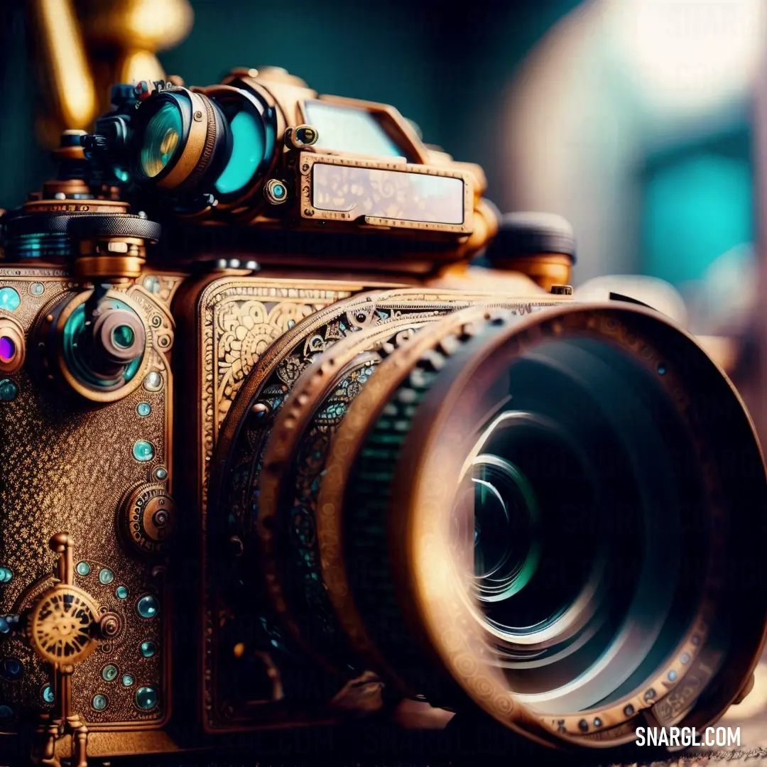 A close-up of a high-end camera with a lens securely attached and a sturdy tripod set on top, surrounded by a soft blur in the background. The color of the scene features a rich, warm tone reminiscent of autumn leaves with a hint of yellowish-orange.