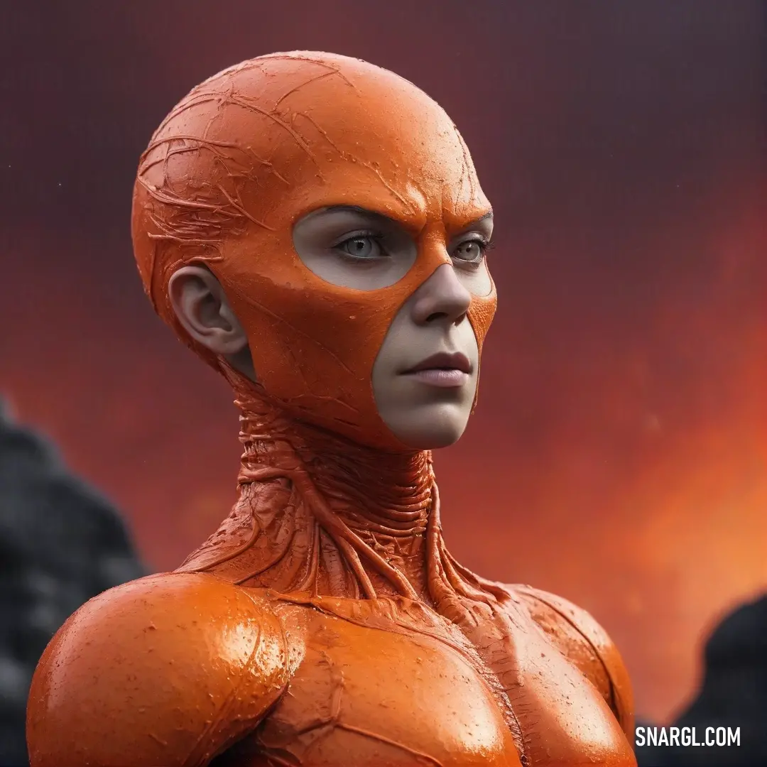 A striking close-up reveals a person adorned in a vibrant red mask and radiant orange body paint, embodying an air of mystery and creativity against a blurred background that enhances its visual appeal.