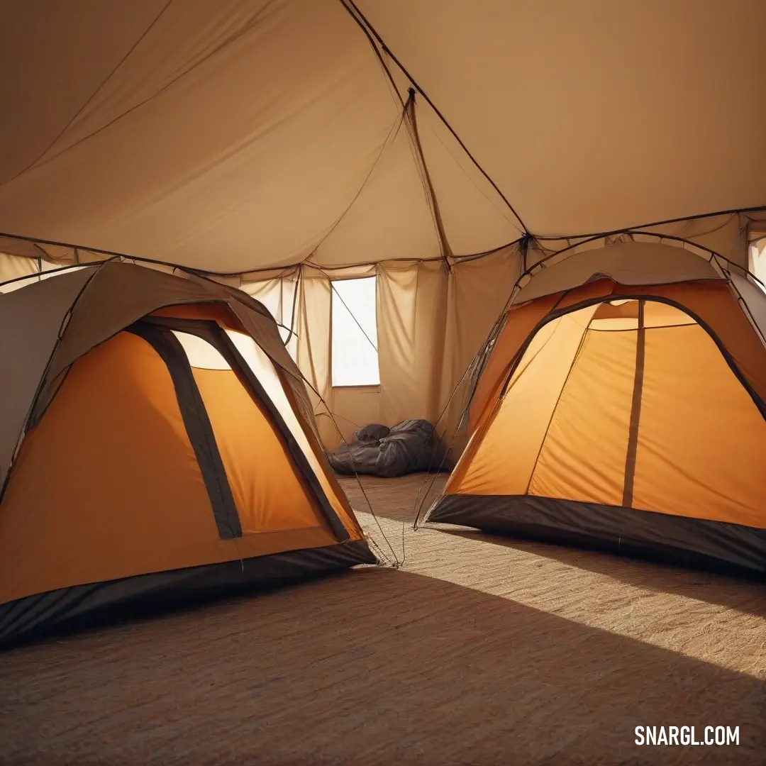 A cozy tent setup inside a spacious canvas tent, complete with a comfortable bed and a bag on the floor, inviting the spirit of adventure and exploration, surrounded by nature's beauty and the joy of camping with loved ones.