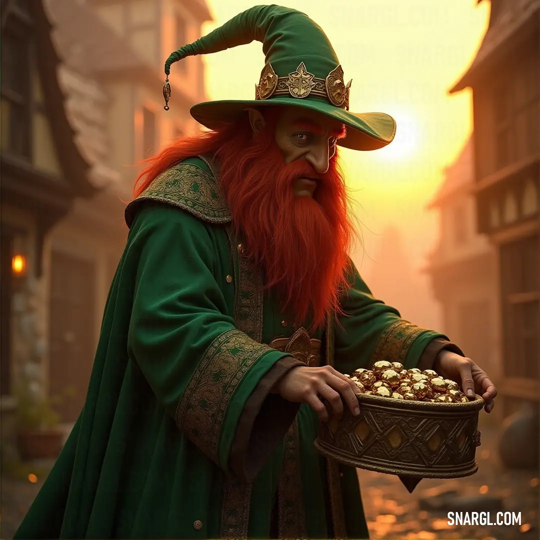 A man in a delightful green outfit holds a basket full of food, his magnificent red beard and mustache adding character to his cheerful demeanor. He stands amidst a vibrant atmosphere, ready to share joy and warmth.