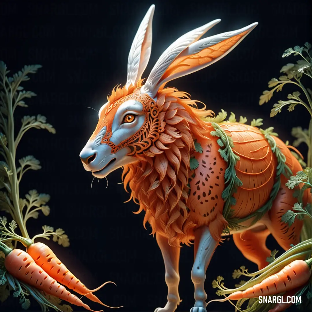 A whimsical painting features an adorable rabbit adorned with an array of fresh carrots delicately draped around its neck and ears. The contrast of colors on a rich black background brings the enchanting creature to life.