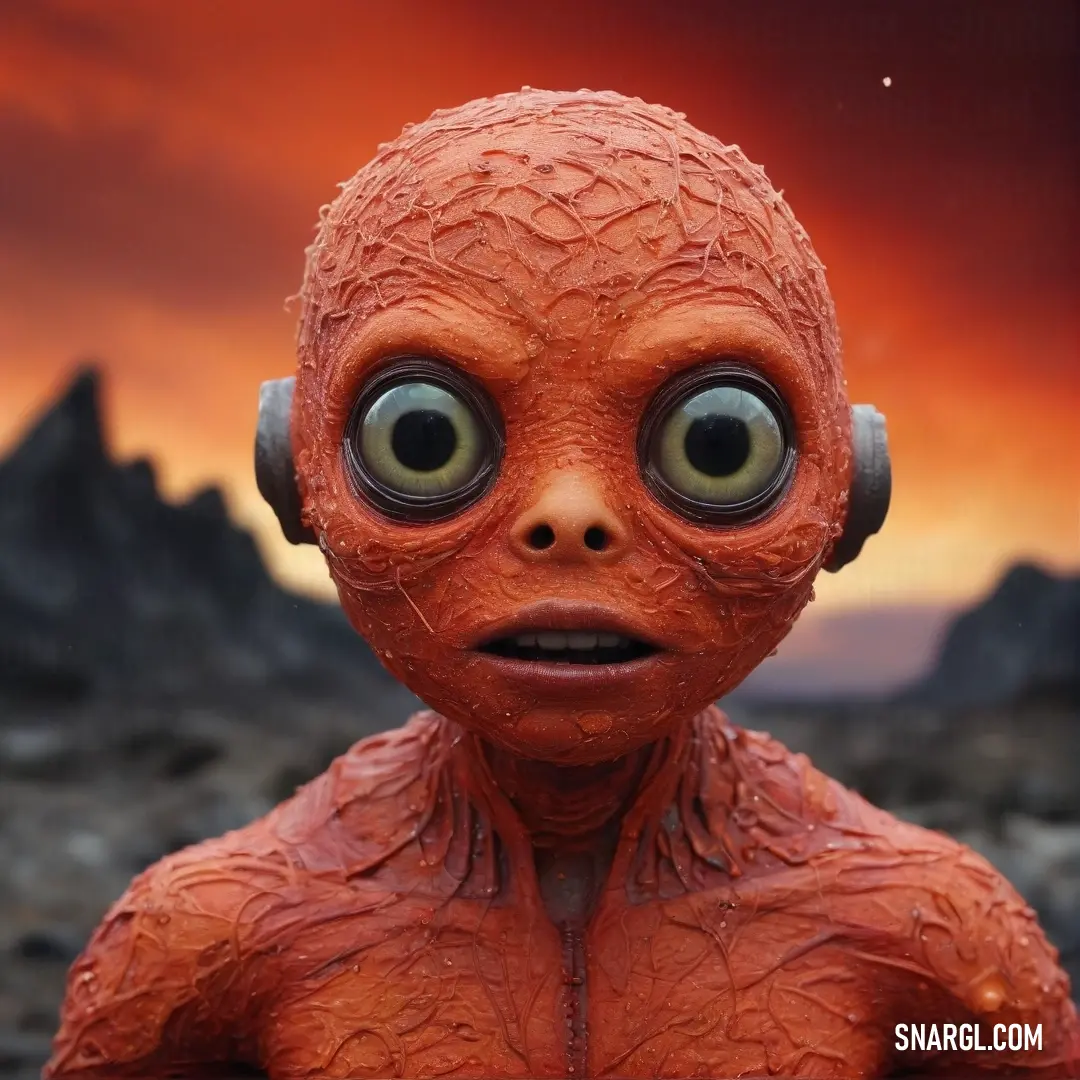 A whimsical red alien sporting large eyes and headphones emerges from rocky terrain, with its vibrant form set against a dramatic red sky, suggesting a connection to the cosmos through music.