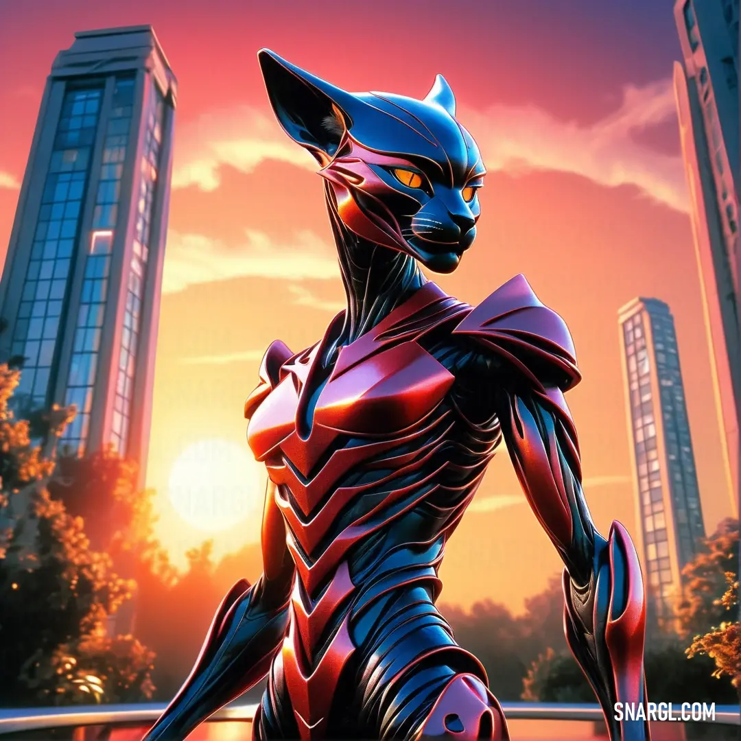 In a breathtaking futuristic cityscape, a charismatic cat stands poised, silhouetted against a vibrant sunset illuminating the skyline. The brilliant colors of the setting sun enhance the allure of this feline figure.