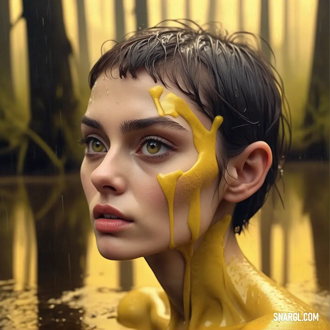 Woman with yellow paint on her face and body in water with trees in the background. Color RGB 255,220,122.