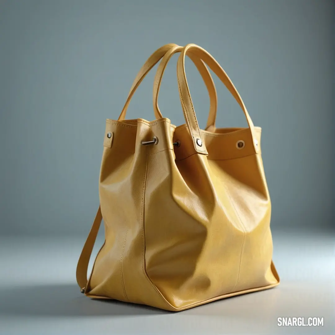 A cheerful yellow purse elegantly displayed on a table, set against a light blue wall backdrop. The harmonious colors and textures create a stylish composition that radiates warmth and charm.