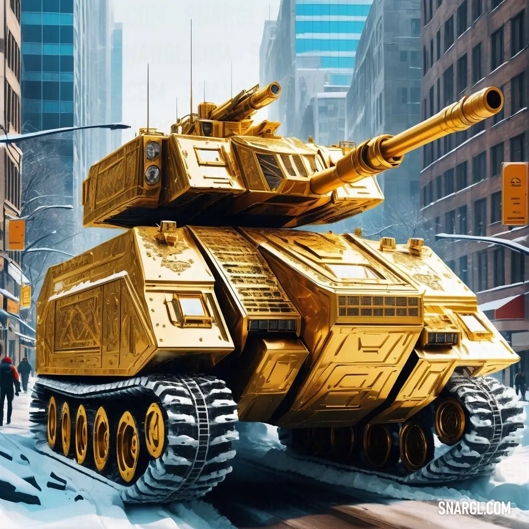 NCS S 0540-Y10R color. Yellow tank is on a snowy street in a city with tall buildings and people walking by it in the snow