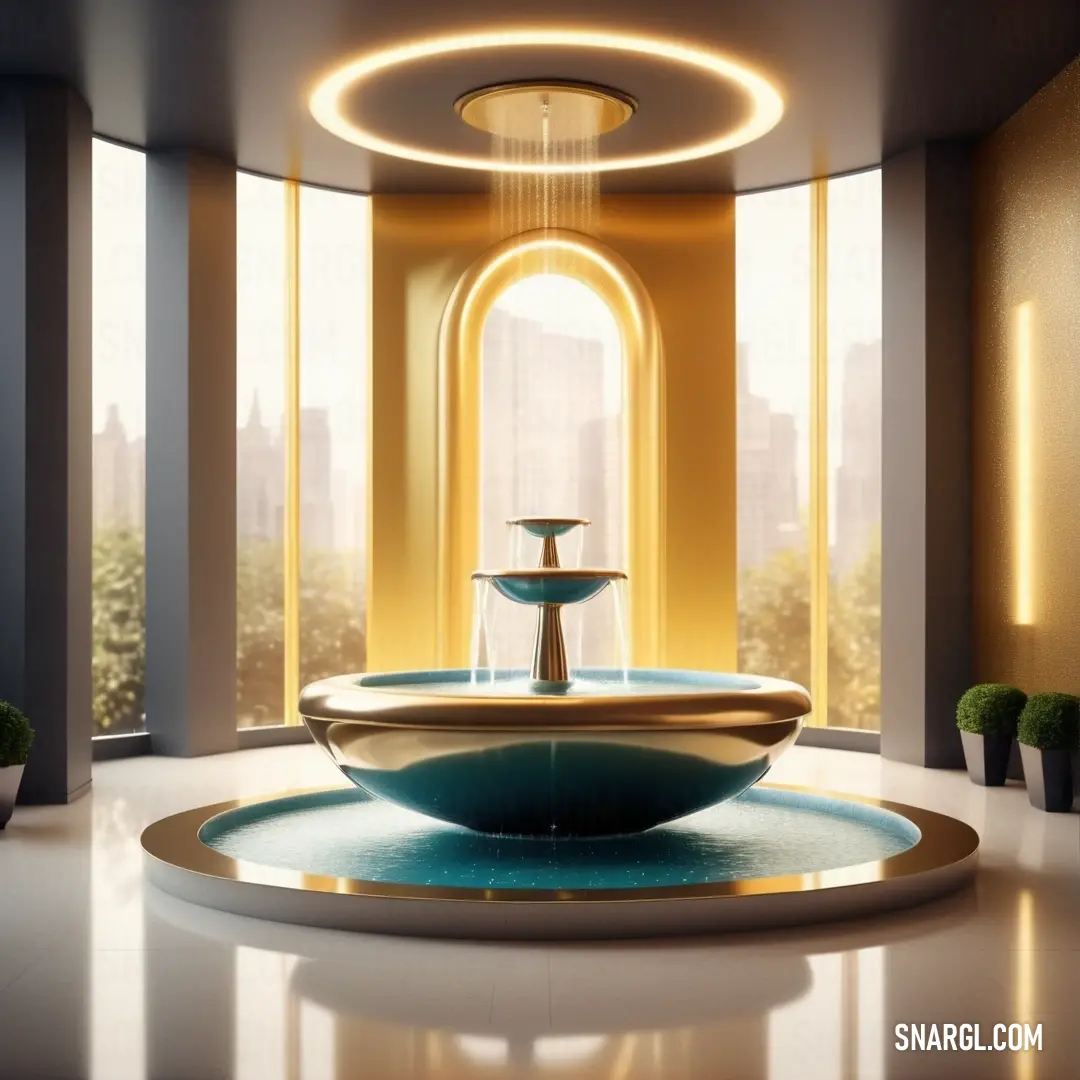 NCS S 0540-Y20R color example: Fountain in a room with a large window and a view of the city outside of the building to the right