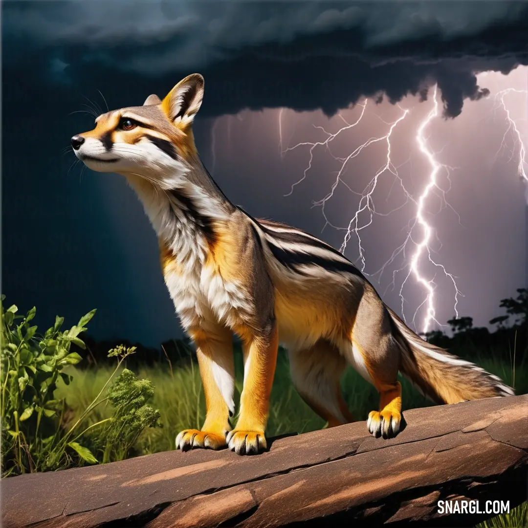 Fox standing on a log in a field with a lightning in the background. Color RGB 255,192,95.