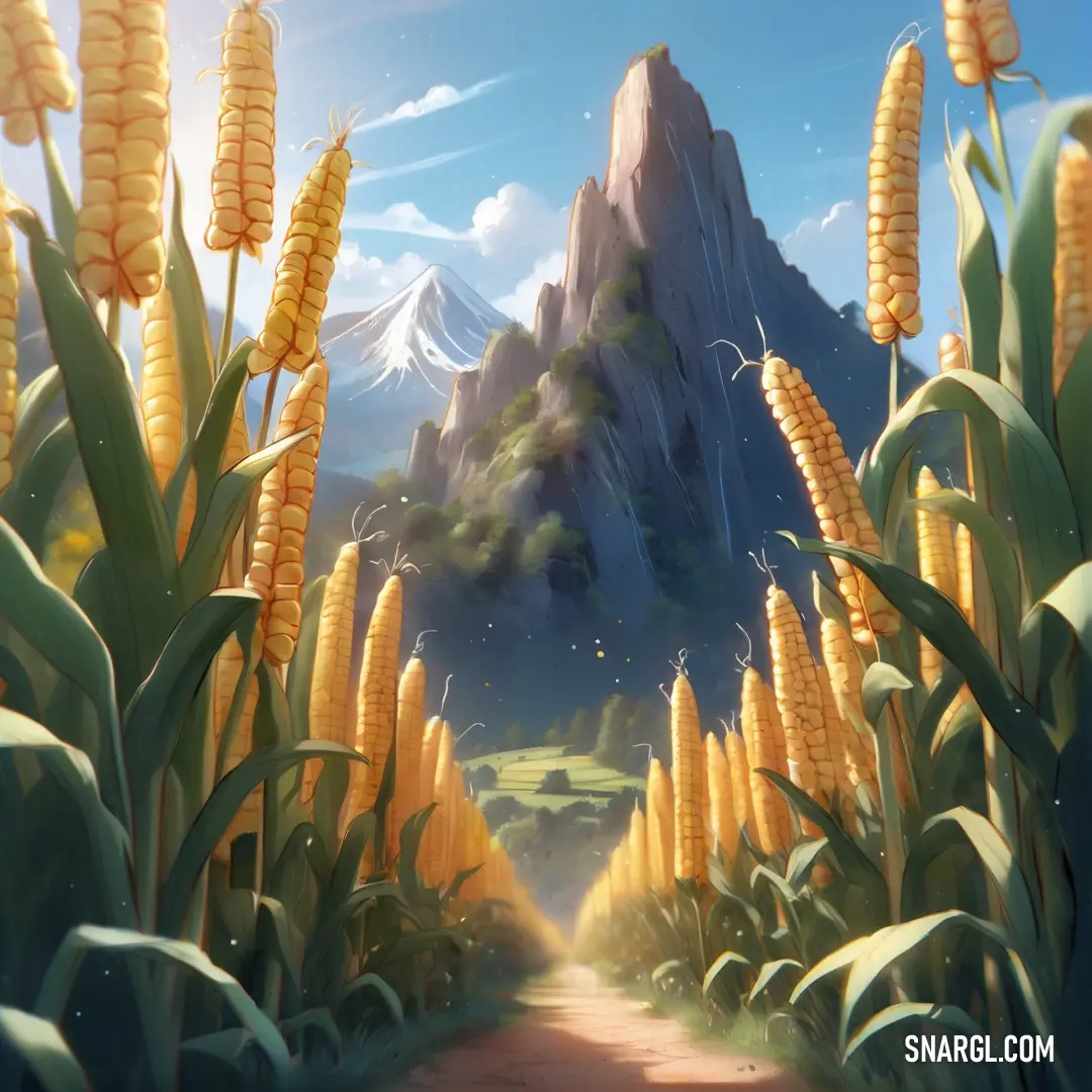 Painting of a corn field with mountains in the background. Example of CMYK 0,30,70,0 color.