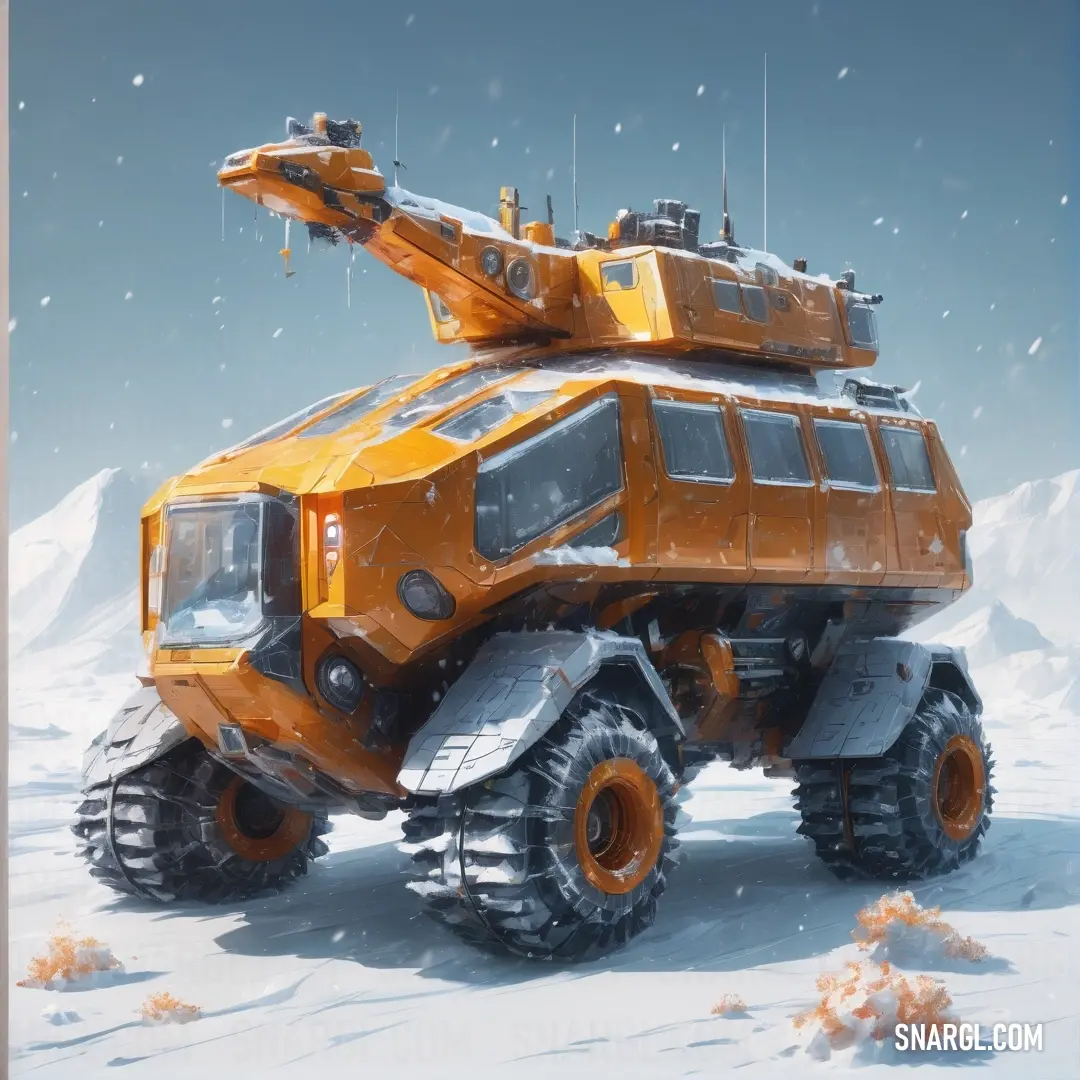 Yellow vehicle with a crane on top of it in the snow with a sky background. Color RGB 255,192,95.