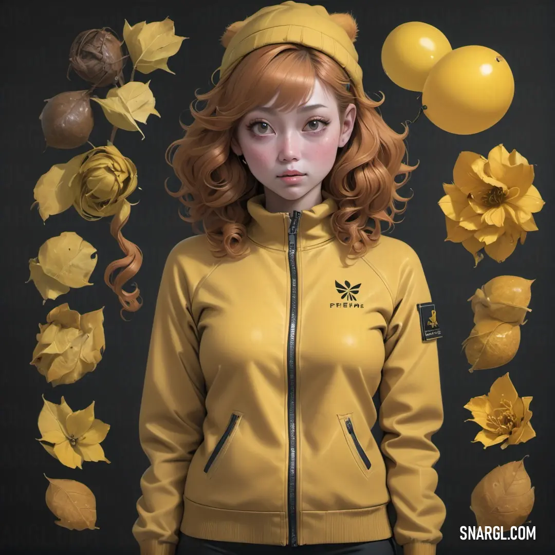 Woman with red hair and a yellow jacket surrounded by yellow balloons and flowers and leaves. Color RGB 255,192,95.