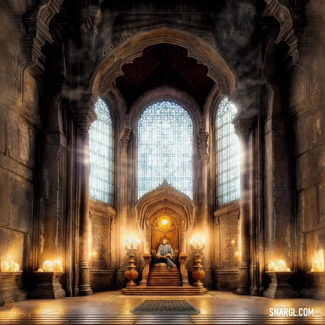 Man on a bench in a church with a large window behind him and a rug on the floor. Example of RGB 254,178,95 color.