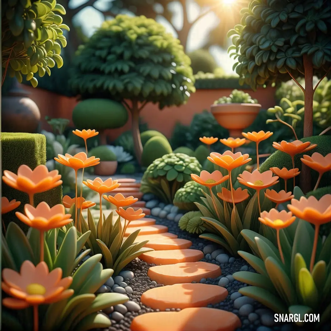NCS S 0540-Y40R color. Garden with a path made of stones and flowers in the middle of it