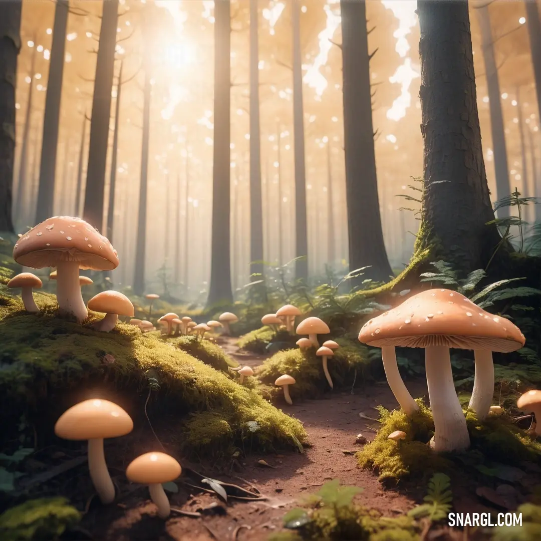 Group of mushrooms in a forest with sun shining through the trees and grass on the ground and on the ground. Color #FEAF6D.