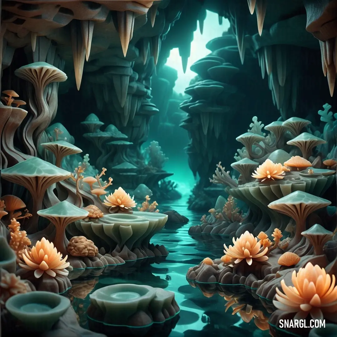 Painting of a cave with water lilies and a stream of water running through it. Example of NCS S 0540-Y40R color.
