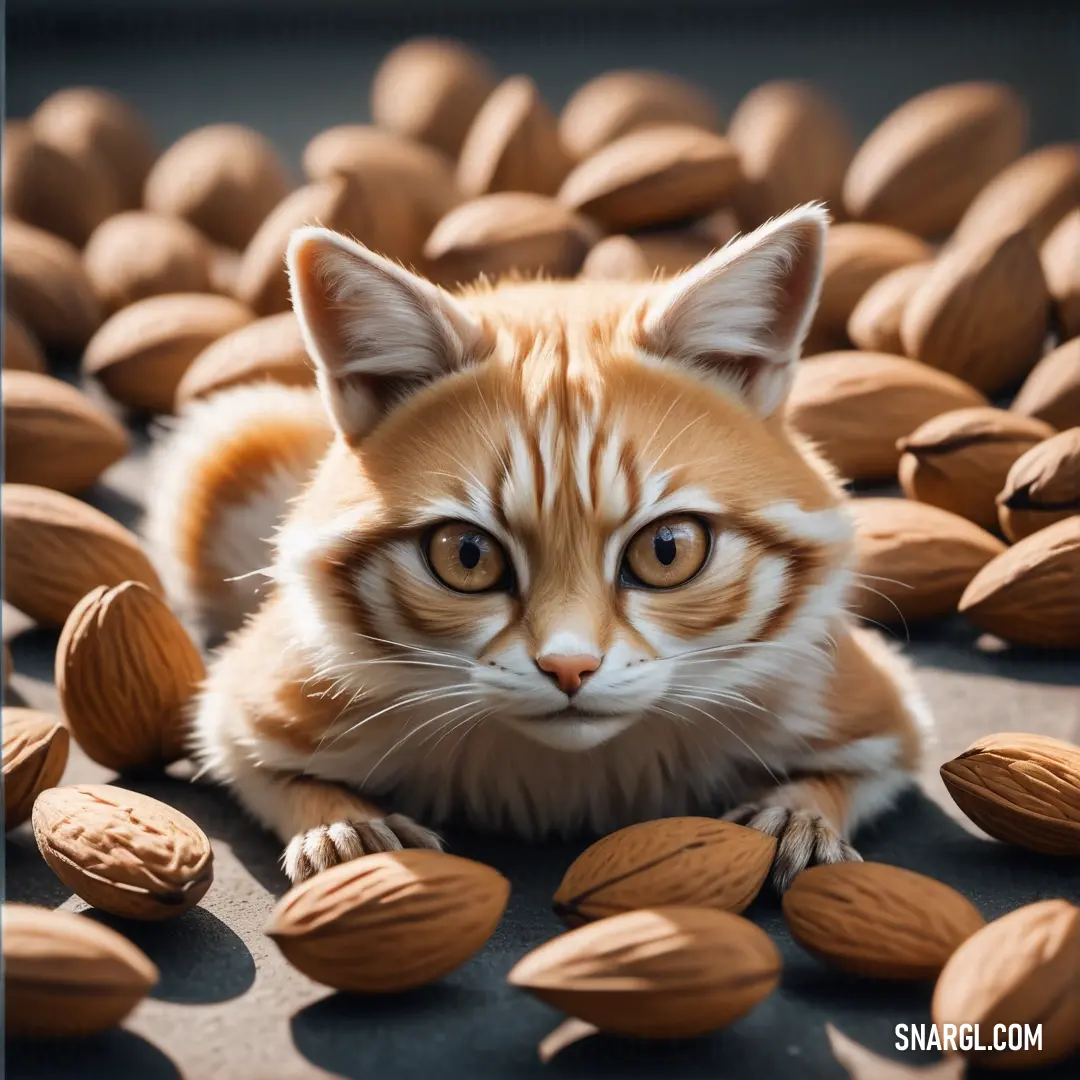 NCS S 0540-Y50R color. Cat laying on top of a pile of almonds next to a pile of nuts on a table