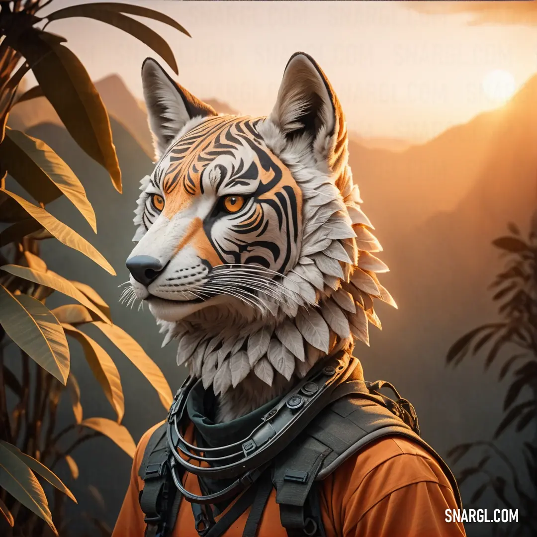 Tiger wearing a backpack and a helmet with a jungle background. Color NCS S 0540-Y50R.