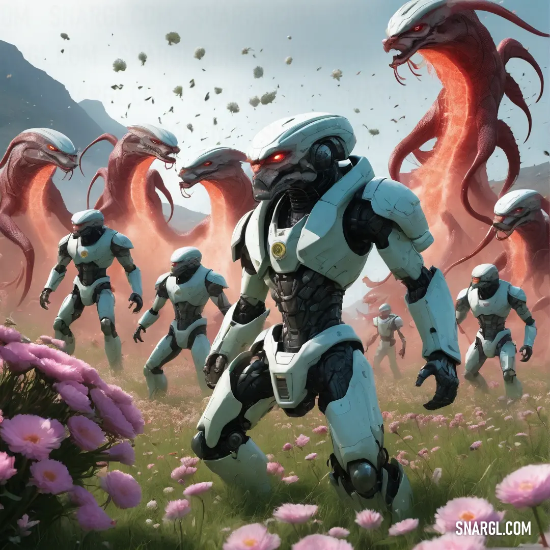 NCS S 0540-Y70R color. Group of humanoids in a field of flowers with a dragon in the background