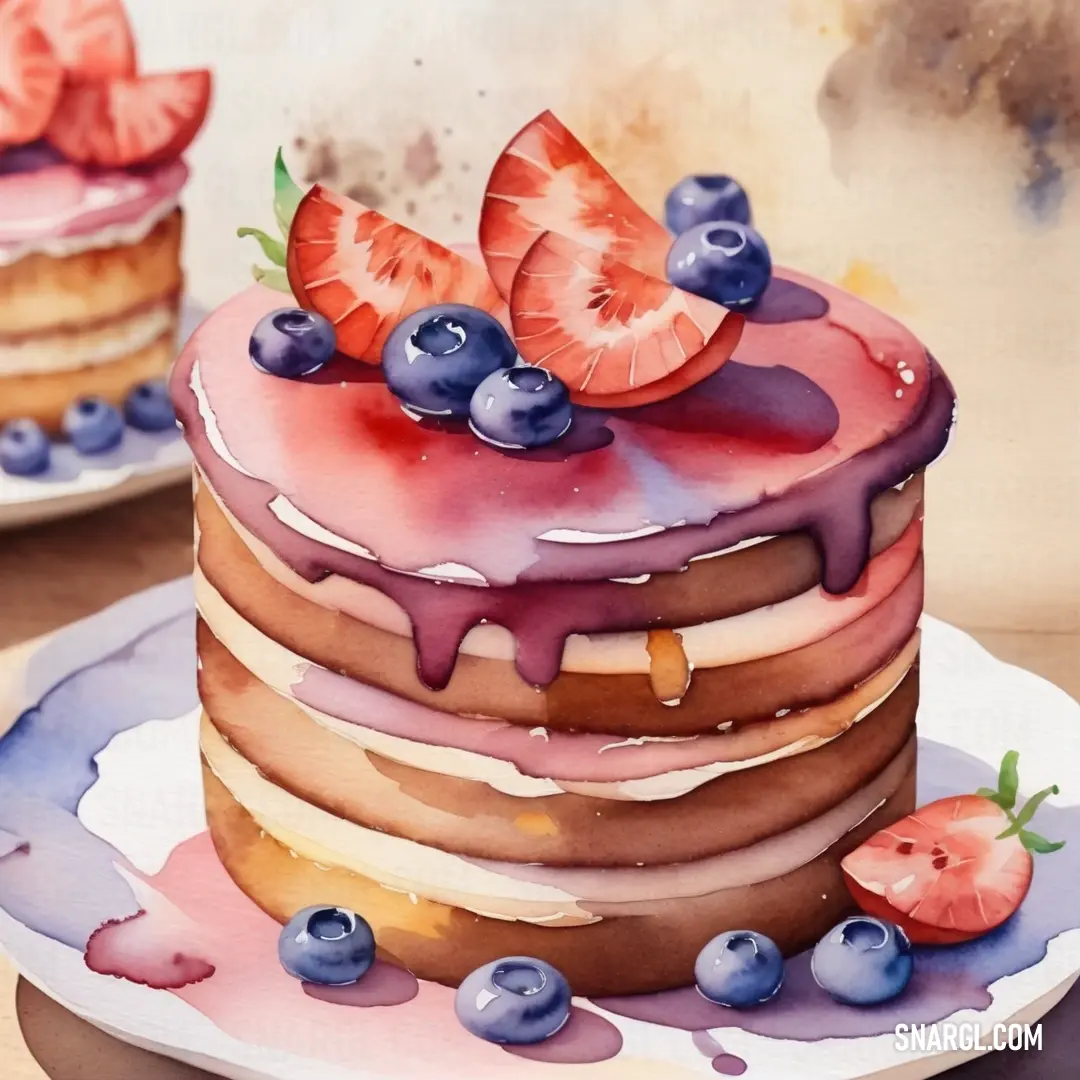 NCS S 0540-Y80R color example: Painting of a cake with blueberries and strawberries on top of it