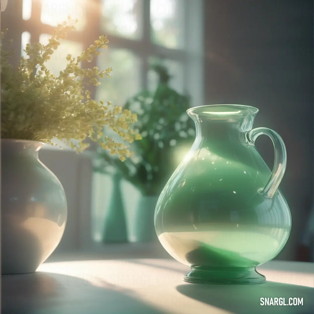 Green vase on top of a table next to a window with a plant in it and a vase with a yellow flower. Color RGB 169,234,160.
