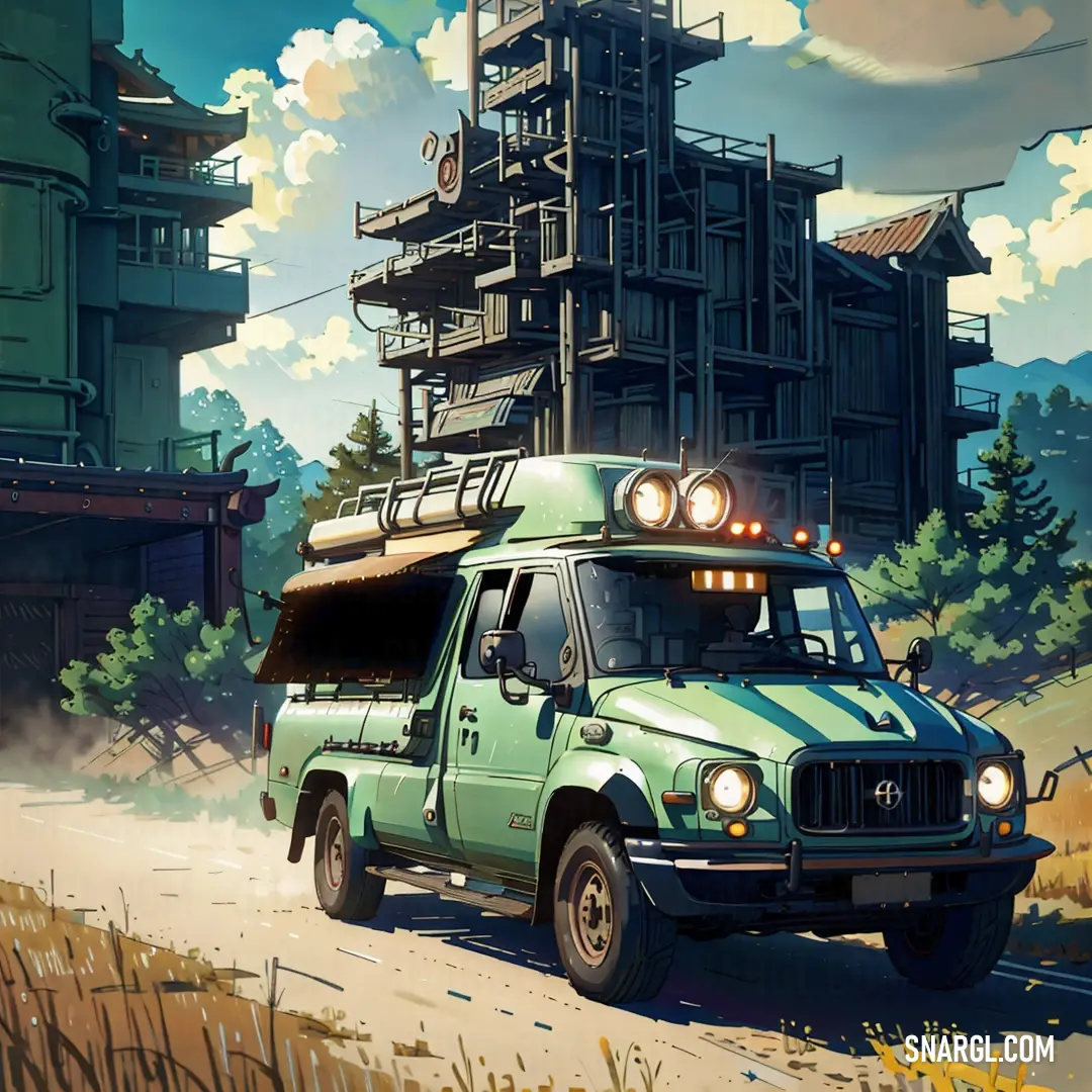 Green truck driving down a road next to a tall building with a tower on top of it's roof. Example of CMYK 45,0,49,0 color.