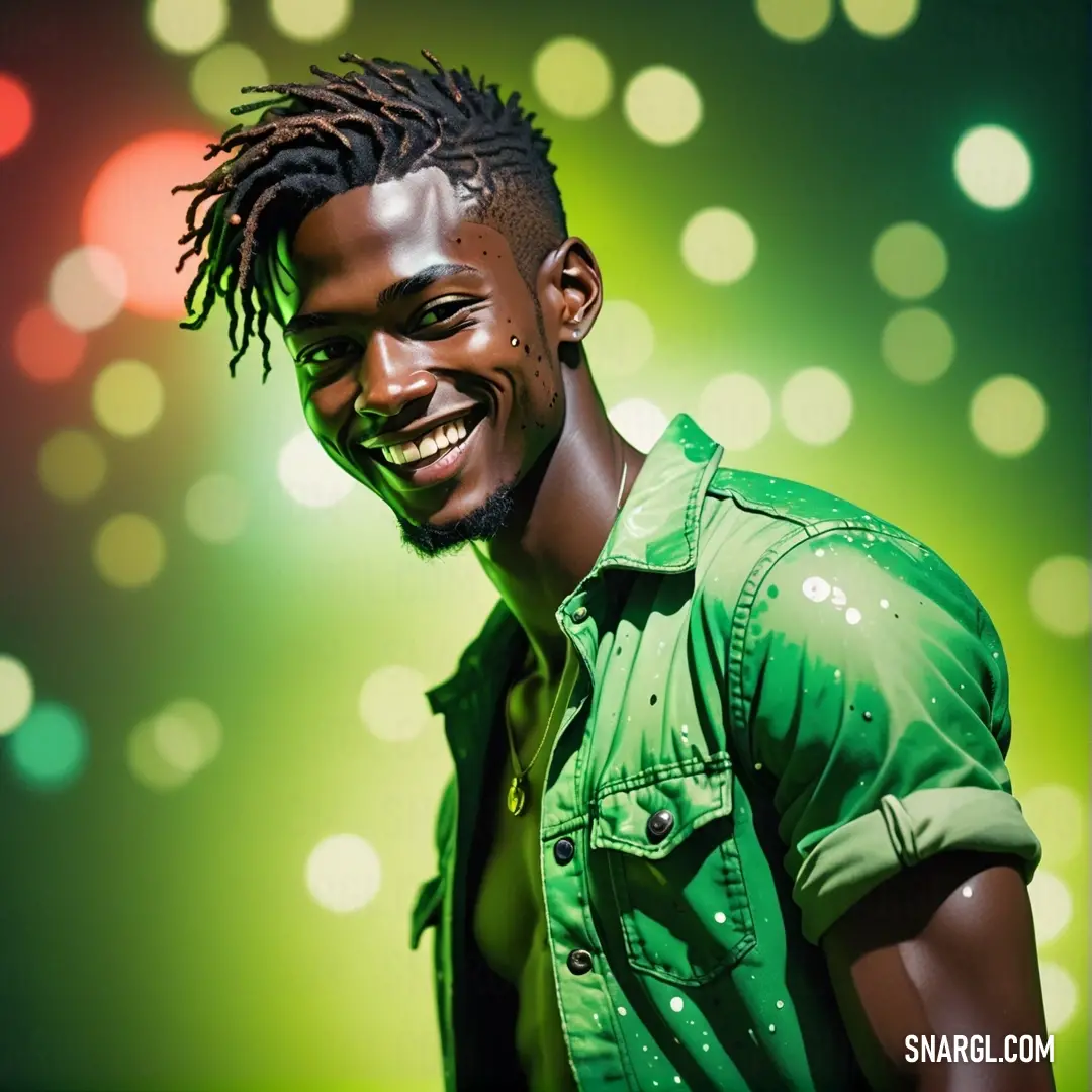 Man with dreadlocks smiles at the camera while wearing a green shirt and green shirt. Example of #B0E891 color.