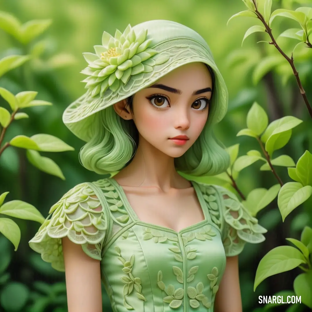NCS S 0550-G20Y color. Doll with green hair and a green hat in a green dress