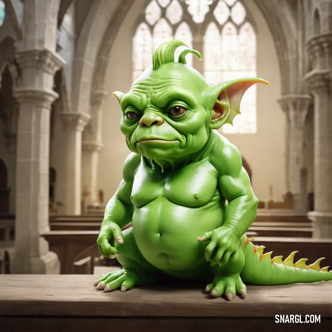 Green creature on a table in a church with a gothic window behind it. Example of NCS S 0550-G20Y color.