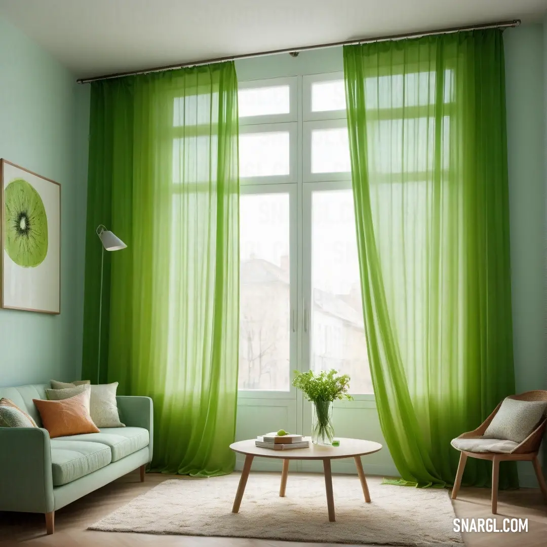 NCS S 0550-G20Y color example: Living room with a couch, chair, table and green curtains in it's windowsills